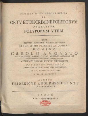 Dissertatio Inauguralis Medica De Ortu Et Discrimine Polyporum Praecipue Polyporum Uteri