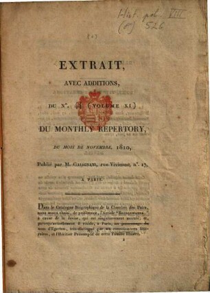 Extrait avec additions, du no. 44. (volume XI) du Monthly Repertory du mois de Novembre, 1810 : [Bridgewater (Earl of)]