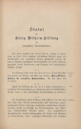 Statut der König Wilhelm-Stiftung für erwachsene Beamtentöchter