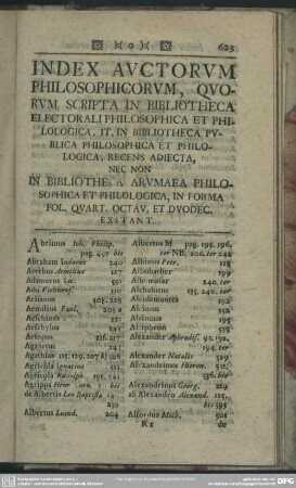 Index Auctorum Philosophicorum, Quorum Scripta In Bibliotheca Electorali Philosophica Et Philologica, It. In Bibliotheca Publica Philosophica Et Philologica, Recens Adiecta, Nec Non In Bibliotheca Arumaea Philosophica Et Philiologica, In Forma Fol. Quart. Octav. Et Duodec. Exstant