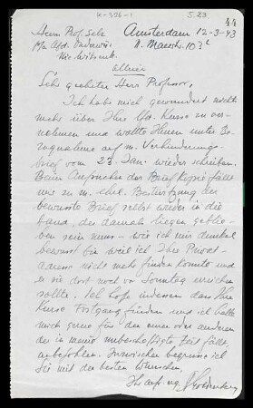 [Brief von St. Vandenberg an Otto Selz vom 12. März 1943]
