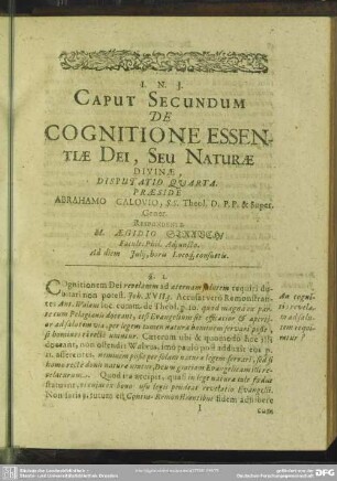 Caput Secundum, De Cognitio Essentiae Dei, Seu Naturae Divinae