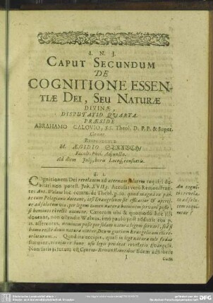 Caput Secundum, De Cognitio Essentiae Dei, Seu Naturae Divinae