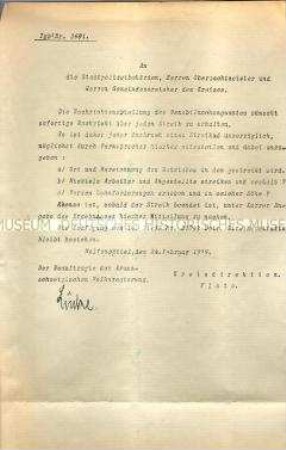 Hektografiertes Rundschreiben über die Meldepflicht von Streiks