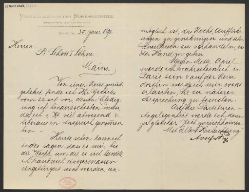 Brief an B. Schott's Söhne : 30.01.1892
