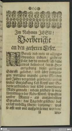 Vorbericht an den geehrten Leser