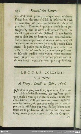 Lettre CCLXXXIII. A la même. A Vichy, Lundi 8. Juin, 1676