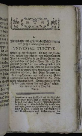 1. Wahrhafte und gründliche Beschreibung der grossen und hochberühmten Universal-Tinctur.