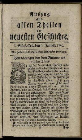 I. Stück, Cob. den 3. Januar, 1759.