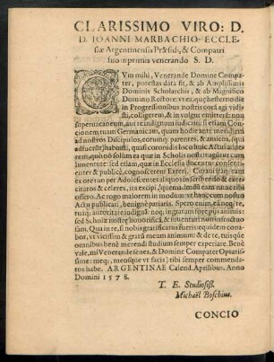 Clarissiomo Viro: D. D. Ioanni Marbachio ... S. D.