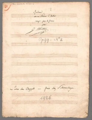 Rondos, pf, op. 99/2, F-Dur, Excerpts - BSB Mus.Schott.Ha 4726-2 : [title on p. 1, autograph:] Rondeau // sur un Thême d'Auber // comp: pour le Piano // par // Fr: Hünten // Londres chez Chappell - Paris chez Schoenenberger.