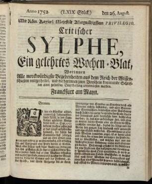 (LXIX. Stück.) den 26. August. Anno 1752.