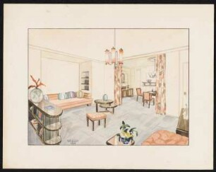 Wohnzimmer: Bücherregal als Raumteiler, zweietagig, Sofa, Hocker, Couchtisch mit zwei runden gegeneinander versetzten Tischplatten, Blumentisch; Esszimmer: Anrichte, Tisch mit zwei Stühlen, Wandregal, Deko