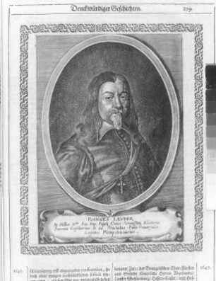 Johannes Leuber : Johannes Leuber, S. 279. Kupferstich; 188 x 150 (Bildspiegel). Aus: Theatri Europaei ... Sechster und letzter Theil. 1647-1651. Franckfurth, M., Matthäi Merians sel. Erben. Dresden: SLUB Hist.univ.B.0062