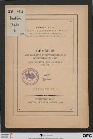 Gemälde, Mobiliar und kunstgewerbliche Gegenstände usw. aus privatem und anderem Besitz : Versteigerung 17. September 1923 (Katalog Nr. 6)