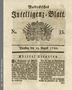 No. 33, Dienstag den 15. August 1780