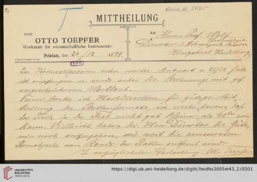 Briefe von Otto Toepfer an Max Wolf: Brief von Otto Toepfer von Werkstätten für Wissenschaftliche Instrumente Otto Toepfer & Sohn (Potsdam) an Max Wolf