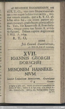 XVII. Ioannis Georgii Dorschei ad Menonem Hannekenium