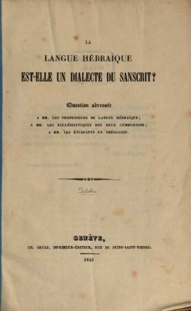 La langue hébraïque est - elle un dialecte de Sanscrit