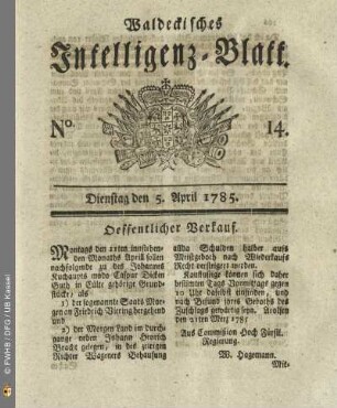 No. 14, Dienstag den 5. April 1785