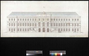 Aufriss der Eingangsseite eines quadratischen Schlossneubaues (4. Schlossprojekt)