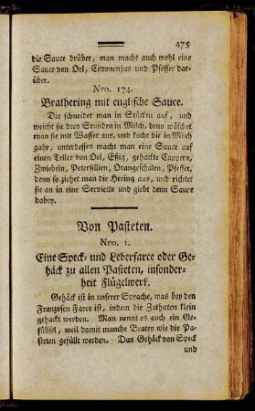 Nro. 1. Eine Speck- und Leberfarce oder Gebäck zu allen Pasteten, insonderheit Flügelwerk. - Nro. 47. Karbonade in Butter-Teig.