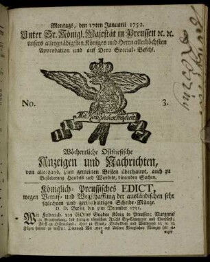No. 3. Montags, den 17ten Januarii 1752.