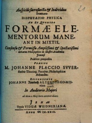 Disputatio Physica An Et Quomodo Formae Elementorum Maneant In Mixtis