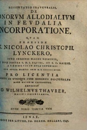 Diss. inaug. de bonorum allodialium in feudalia incorporatione