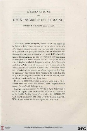 1: Observations sur deux inscriptions romaines trouvées à Villeneuve près d'Aoste