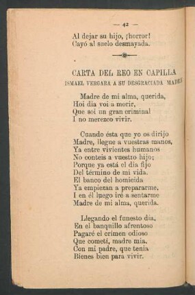 Carta del reo en capilla : Ismael Vergara a su desgraciada madre