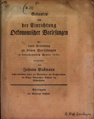 Gedanken von der Einrichtung ökonomischer Vorlesungen