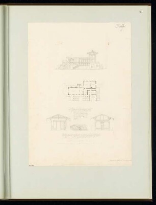 Bierhalle Monatskonkurrenz Dezember 1852: Grundriss Obergeschoss (das ist das Hauptgeschoss), Aufriss Vorderansicht, 2 Querschnitte, Detail des offenen Dachträgers; 2 Maßstabsleisten, Erläuterungstext