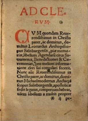 Libellus agendarum, circa sacramenta, benedictiones, & caeremonias, secundum antiquum usum Metropolitanae Ecclesiae Salisburgensis