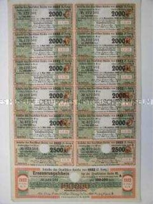 Erneuerungsschein mit 12 Zinsscheinen zur Anleihe des Deutschen Reiches von 1922