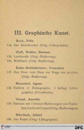 III. Graphische Kunst (Nr. 134-140)