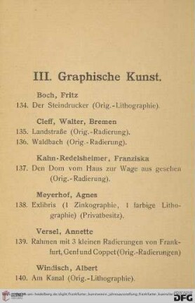 III. Graphische Kunst (Nr. 134-140)