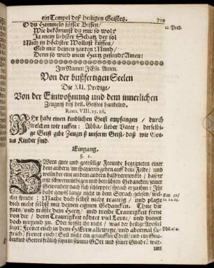 Die XII. Predigt/ Von der Einwohnung und dem innerlichen Zeugniß deß heil. Geistes handelnd.