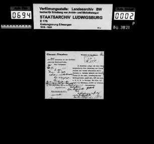 Schenkung von Grundstücken der Schwestern Maria Theresia und Barbarba Schmitt in Weldingsfelden an die kath. Kirchengemeinde Weldingsfelden (OA Künzelsau)