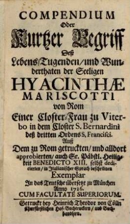 Compendium des Lebens ... Hyacinthae Mariscotti