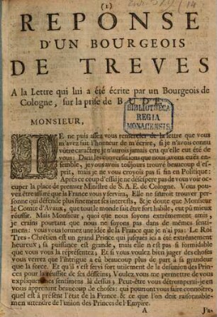 Réponse d'un bourgeois de Treves à la lettre qui lui a été ecrite par un bourgeois de Cologne