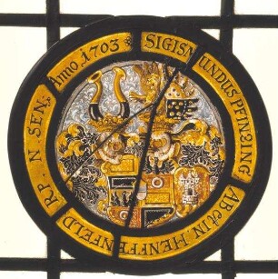 Wappenscheibe des Nürnberger Patriziers Johann Sigmund Pfinzing von Henfenfeld (1712-1764) mit Beischild der Harsdorf (Harsdörffer) von Enderndorf