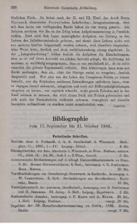 Bibliographie vom 15. September bis 31. October 1886.