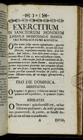 Exercitium in sanctorum honorem singulis hebdomadæ diebus pro bona morte per agendum.