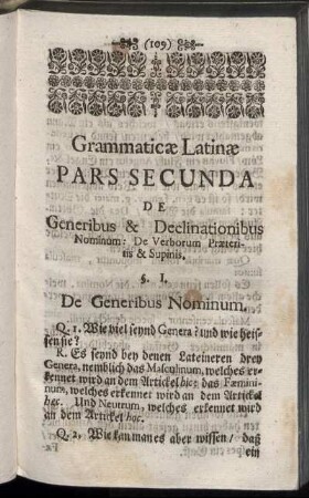 Pars Secunda De Generibus & Declinationibus Nominum: De Verborum Præteritis & Supinis