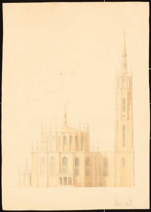 Kirche, Berlin (?): Ansicht, Teilgrundriss des Turmes