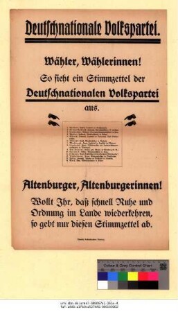 Originaltitel: Deutschnationale Volkspartei. Wähler, Wählerinnen! So sieht ein Stimmzettel der Deutschnationalen Volkspartei aus.