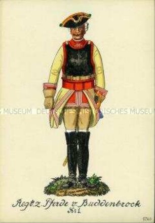 Uniformdarstellung, Gemeiner des Kürassier-Regiments (von Buddenbrock) K 1, Preußen, 1740.