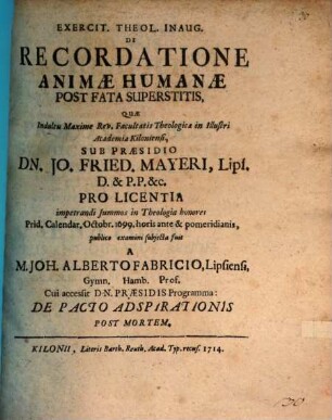 Exercit. Theol. Inaug. De Recordatione Animae Humanae Post Fata Superstitis