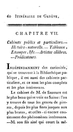 VII. Cabinets publics et particuliers. ? Histoire - naturelle. ? Tableaux Estampes, etc.? Artistes célebres. Prédicateurs.